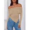 imagePRETTYGARDEN Womens Off The Shoulder Tops Spring Fashion 2026 Long Sleeve Shirts Going Out Slim Fitted Blouses Fall ClothesKhaki
