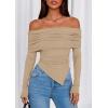 imagePRETTYGARDEN Womens Off The Shoulder Tops Spring Fashion 2026 Long Sleeve Shirts Going Out Slim Fitted Blouses Fall ClothesKhaki