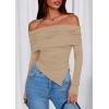 imagePRETTYGARDEN Womens Off The Shoulder Tops Spring Fashion 2026 Long Sleeve Shirts Going Out Slim Fitted Blouses Fall ClothesKhaki