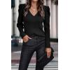 imagePRETTYGARDEN Womens Rib Knit Pullover Sweater Casual Long Puff Sleeve V Neck Solid Color Jumper Blouse Tops BlackSmall