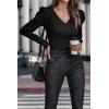 imagePRETTYGARDEN Womens Rib Knit Pullover Sweater Casual Long Puff Sleeve V Neck Solid Color Jumper Blouse Tops BlackSmall