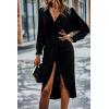 imagePRETTYGARDEN Womens Ruched Wrap Dress Long Sleeve V Neck Split Hem Draped Front Midi Bodycon Dresses BlackXLarge