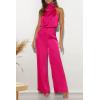 imagePRETTYGARDEN Womens Satin Jumpsuits 2024 Summer One Piece Outfits Mock Neck Sleeveless Wide Leg Pants Rompers