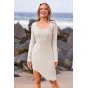 imagePRETTYGARDEN Womens Sexy Mini Bodycon Dresses Long Sleeve Square Neck Thigh Slit Tight Fitted Dress KhakiSmall