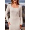 imagePRETTYGARDEN Womens Sexy Mini Bodycon Dresses Long Sleeve Square Neck Thigh Slit Tight Fitted Dress KhakiSmall
