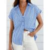 imagePRETTYGARDEN Womens Short Sleeve Shirts Plaid Button Down Blouse Dressy Casual 2026 Summer Spring Business Gingham Work TopsBlue