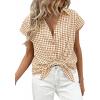 imagePRETTYGARDEN Womens Short Sleeve Shirts Plaid Button Down Blouse Dressy Casual 2026 Summer Spring Business Gingham Work TopsBrown