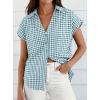 imagePRETTYGARDEN Womens Short Sleeve Shirts Plaid Button Down Blouse Dressy Casual 2026 Summer Spring Business Gingham Work TopsGrey Blue