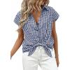 imagePRETTYGARDEN Womens Short Sleeve Shirts Plaid Button Down Blouse Dressy Casual 2026 Summer Spring Business Gingham Work TopsNavy