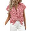 imagePRETTYGARDEN Womens Short Sleeve Shirts Plaid Button Down Blouse Dressy Casual 2026 Summer Spring Business Gingham Work TopsWine Red