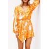 imagePRETTYGARDEN Womens Spring Long Puff Sleeve Boho Dress V Neck Cocktail Party Belted Short Formal Dresses Floral Orange YellowMedium