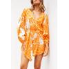 imagePRETTYGARDEN Womens Spring Long Puff Sleeve Boho Dress V Neck Cocktail Party Belted Short Formal Dresses Floral Orange YellowMedium