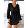 imagePRETTYGARDEN Womens Spring Long Puff Sleeve Satin Dress V Neck Cocktail Party Belted Short Formal Dresses BlackMedium