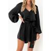 imagePRETTYGARDEN Womens Spring Long Puff Sleeve Satin Dress V Neck Cocktail Party Belted Short Formal Dresses BlackMedium