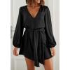 imagePRETTYGARDEN Womens Spring Long Puff Sleeve Satin Dress V Neck Cocktail Party Belted Short Formal Dresses BlackMedium