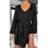 imagePRETTYGARDEN Womens Spring Long Puff Sleeve Satin Dress V Neck Cocktail Party Belted Short Formal Dresses BlackMedium