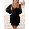 imagePRETTYGARDEN Womens Spring Long Puff Sleeve Satin Dress V Neck Cocktail Party Belted Short Formal Dresses BlackMedium