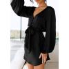 imagePRETTYGARDEN Womens Spring Long Puff Sleeve Satin Dress V Neck Cocktail Party Belted Short Formal Dresses BlackMedium