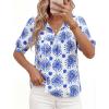 imagePRETTYGARDEN Womens Summer Boho Tops 2026 Vacation Outfits Casual Tie Front V Neck Peasant Blouses Puff Short Sleeve ShirtsFloral White Blue