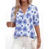 imagePRETTYGARDEN Womens Summer Boho Tops 2026 Vacation Outfits Casual Tie Front V Neck Peasant Blouses Puff Short Sleeve ShirtsFloral White Blue