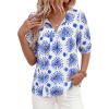 imagePRETTYGARDEN Womens Summer Boho Tops 2026 Vacation Outfits Casual Tie Front V Neck Peasant Blouses Puff Short Sleeve ShirtsFloral White Blue