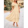 imagePRETTYGARDEN Womens Summer Casual Midi Dress Puff Sleeve Swiss Dot Long Flowy A Line DressesBeige