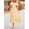 imagePRETTYGARDEN Womens Summer Casual Midi Dress Puff Sleeve Swiss Dot Long Flowy A Line DressesBeige