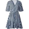 imagePRETTYGARDEN Womens Summer Deep V Neck Short Sleeve Striped Wrap Ruffle Hem Pleated Mini DressNavy