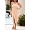 imagePRETTYGARDEN Womens Summer Formal Wedding Guest Dresses One Shoulder Spaghetti Strap High Slit Maxi Bodycon DressBeige