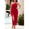 imagePRETTYGARDEN Womens Summer Formal Wedding Guest Dresses One Shoulder Spaghetti Strap High Slit Maxi Bodycon DressRed