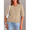 imagePRETTYGARDEN Womens Summer Knit Blouse Top Casual Crewneck Button Down Short Sleeve Cardigan Pocket T Shirts KhakiMedium