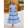 imagePRETTYGARDEN Womens Summer Maxi Dress Button Down Puff Short Sleeve Ruffle Casual Elegant Long Flowy Shirt Dresses with Belt Light BlueBlueMedium