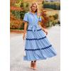 imagePRETTYGARDEN Womens Summer Maxi Dress Button Down Puff Short Sleeve Ruffle Casual Elegant Long Flowy Shirt Dresses with Belt Light BlueBlueMedium