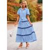 imagePRETTYGARDEN Womens Summer Maxi Dress Button Down Puff Short Sleeve Ruffle Casual Elegant Long Flowy Shirt Dresses with Belt Light BlueBlueMedium