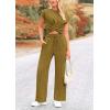 imagePRETTYGARDEN Womens Summer Two Piece Outfits Tracksuit Twist Front Crop Tops T Shirts Wide Leg Pants Matching Lounge Sets Army GreenMedium