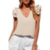 imagePRETTYGARDEN Blouses for Women Dressy Casual Summer Going Out Tops 2026 Spring Business Work V Neck Ruffle Cap Sleeve ShirtsBeige