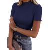 imagePRETTYGARDEN Short Sleeve T Shirts for Women Summer Clothes 2026 Casual Spring Tops Ruffle Mock Neck Ribbed Fitted Basic TeesNavy Blue