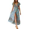 imagePRETTYGARDEN Women Boho Summer Side Split Deep V Neck Short Sleeves Maxi Dress with Belt