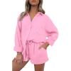 imagePRETTYGARDEN Womens 2 Piece Tracksuit Outfit Long Sleeve Blouse High Waisted Drawstring Shorts Loungewear Set PinkMedium