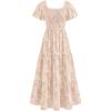 imagePRETTYGARDEN Womens 2026 Summer Boho Maxi Dresses Floral Short Sleeve Square Neck Smocked Flowy Long Dress Vacation OutfitsBeige
