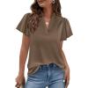 imagePRETTYGARDEN Womens 2026 Summer Satin Blouses Dressy Casual Ruffle Cap Sleeve V Neck Business Work Cute Tops Spring OutfitsBrown