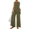 imagePRETTYGARDEN Womens 2026 Two Piece Matching Lounge Sets Asymmetrical Split Tank Tops Wide Leg Pants Summer Outfits TracksuitArmy Green