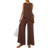 imagePRETTYGARDEN Womens 2026 Two Piece Matching Lounge Sets Asymmetrical Split Tank Tops Wide Leg Pants Summer Outfits TracksuitLight Coffee