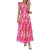 imagePRETTYGARDEN Womens Boho Floral Maxi Dress 2026 Summer Smocked V Neck Ruffle Sleeve Spring Flowy Beach Vacation SundressesRose Red