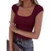 imagePRETTYGARDEN Womens Cap Sleeve T Shirts 2026 Square Neck Basic Tees Slim Fit Ribbed Knit Spring Going Out Tops Summer ClothesWine Red