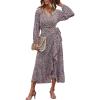 imagePRETTYGARDEN Womens Long Sleeve Vintage Wrap Dress Floral Print VNeck Maxi Dresses with BeltRed