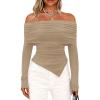 imagePRETTYGARDEN Womens Off The Shoulder Tops Spring Fashion 2026 Long Sleeve Shirts Going Out Slim Fitted Blouses Fall ClothesKhaki