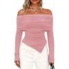 imagePRETTYGARDEN Womens Off The Shoulder Tops Spring Fashion 2026 Long Sleeve Shirts Going Out Slim Fitted Blouses Fall ClothesPink