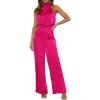 imagePRETTYGARDEN Womens Satin Jumpsuits 2024 Summer One Piece Outfits Mock Neck Sleeveless Wide Leg Pants Rompers