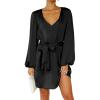 imagePRETTYGARDEN Womens Spring Long Puff Sleeve Satin Dress V Neck Cocktail Party Belted Short Formal Dresses BlackMedium